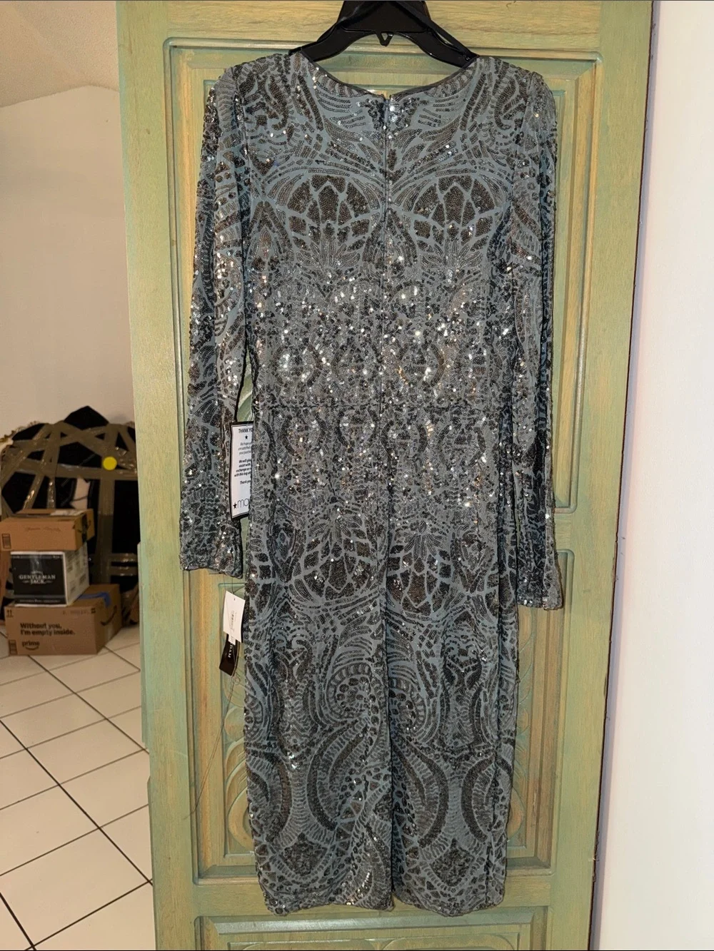 Betsy Adam Slate Gray Sequin Long Sleeve Cocktail Dress